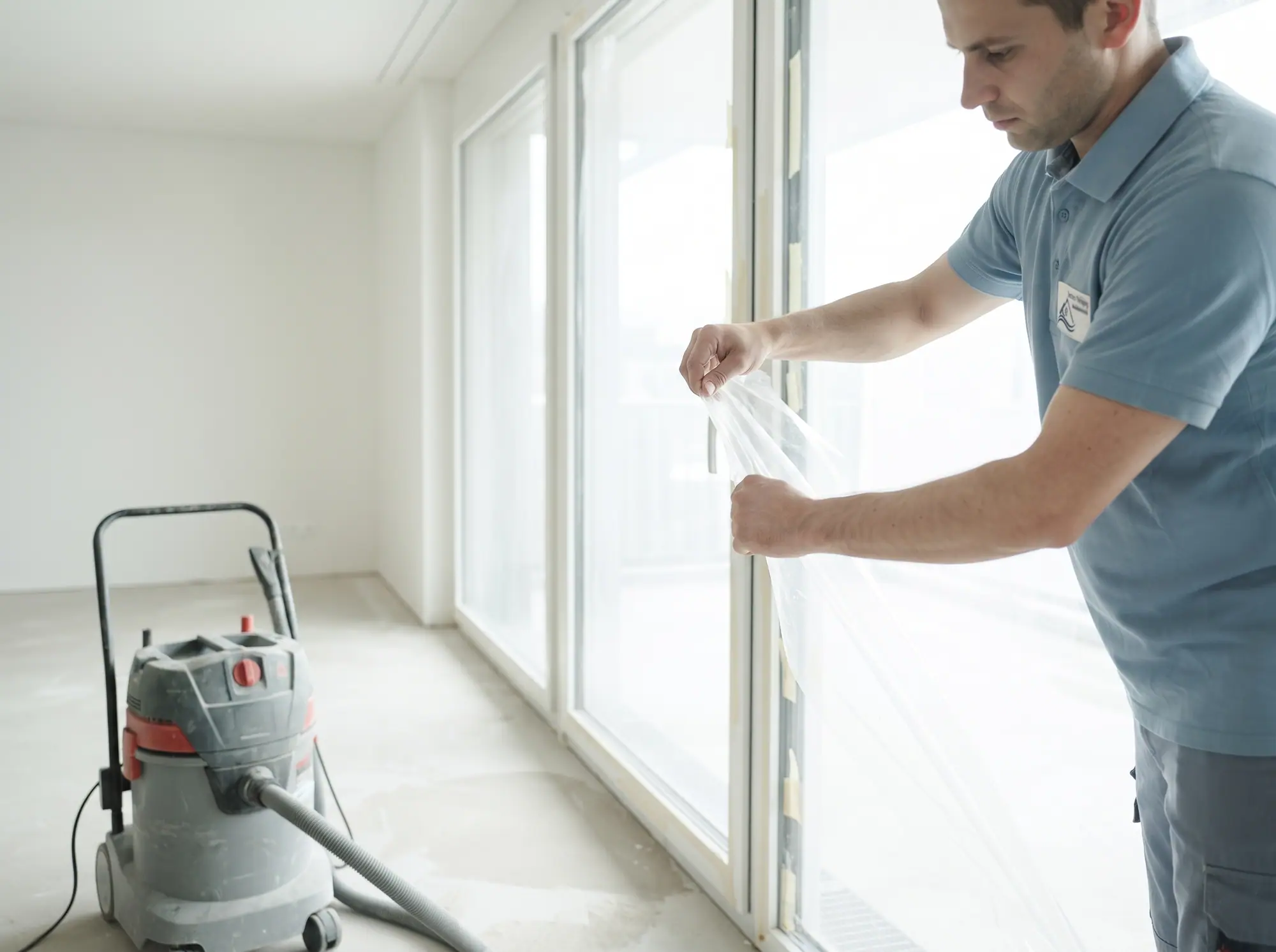 Bauendreinigung in einer neuen Wohnung: Schutzfolie wird vom Fenster entfernt, Industriesauger steht bereit